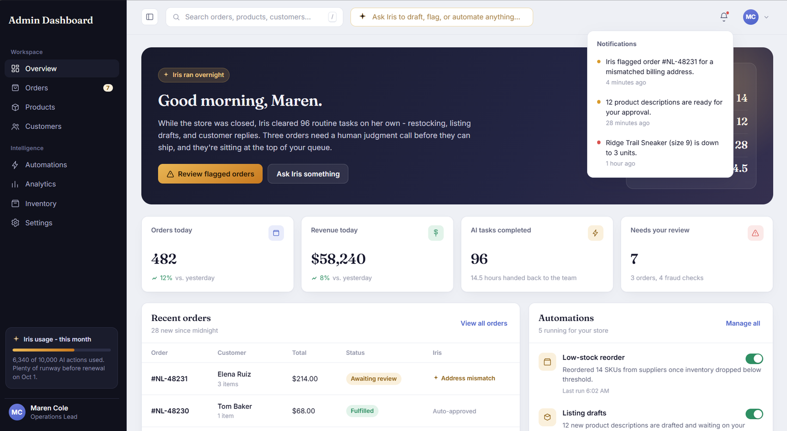 Iris AI ecommerce management dashboard